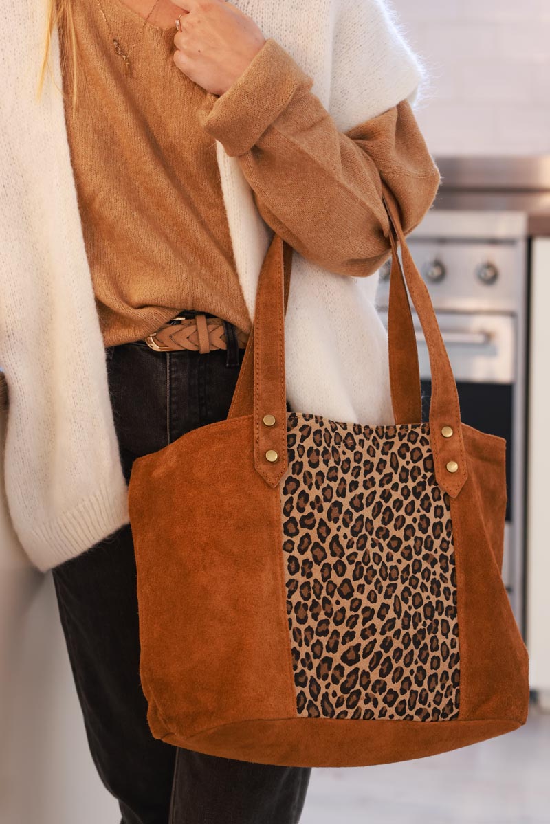 Camel Suede and Leopard Convertible Tote