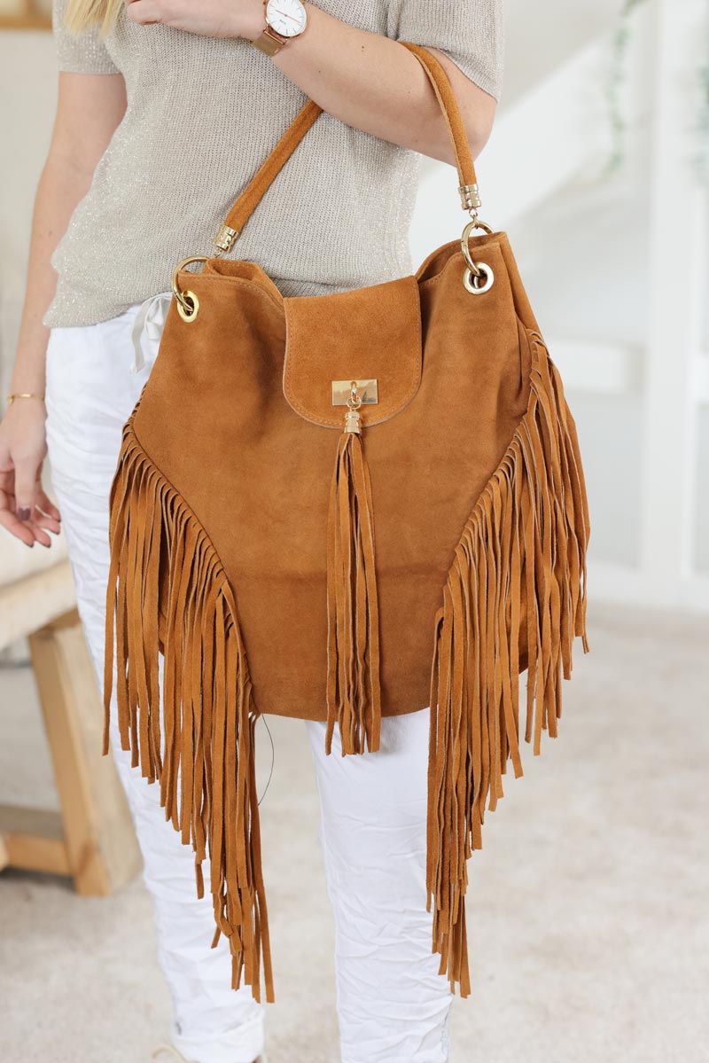 Camel suede leather fringed handbag Horizons Lointains