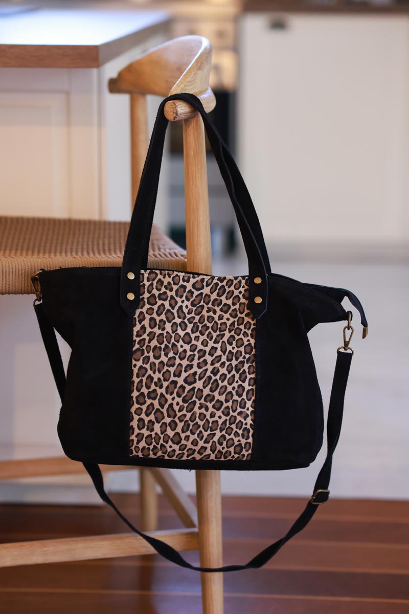 Black Suede and Leopard Convertible Tote