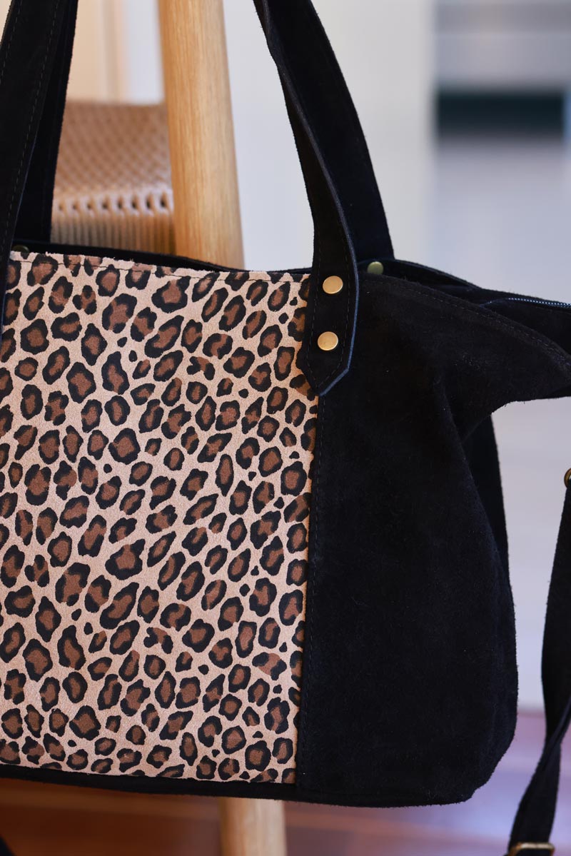 Black Suede and Leopard Convertible Tote