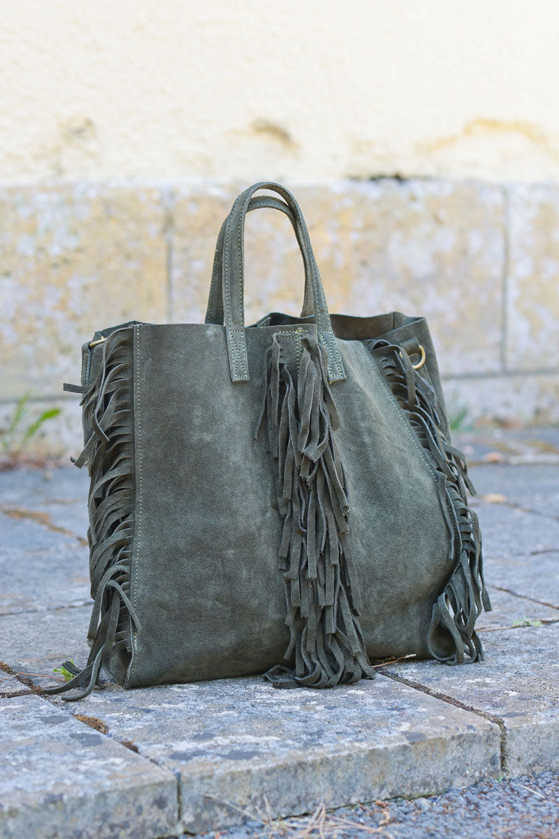 Khaki suede leather handbag with fringe detail