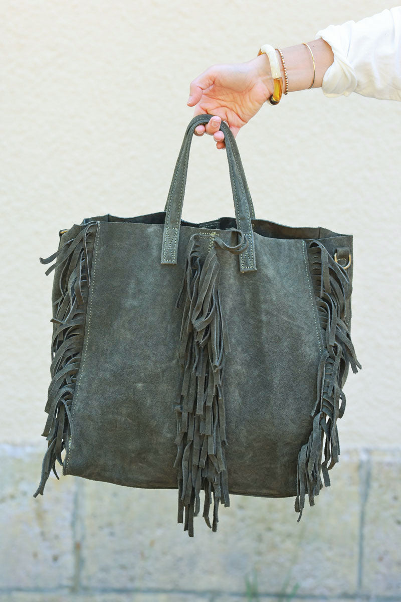 Khaki suede leather handbag with fringe detail