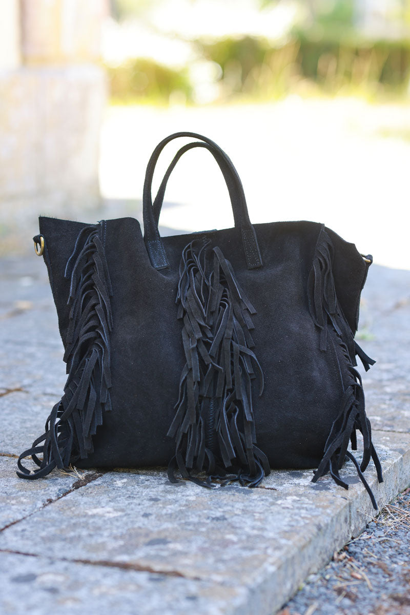 Black suede leather handbag with fringe detail