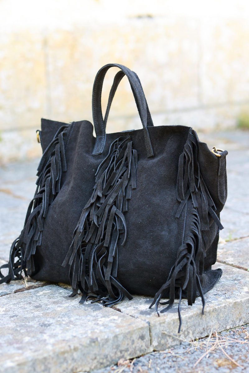 Black suede leather handbag with fringe detail