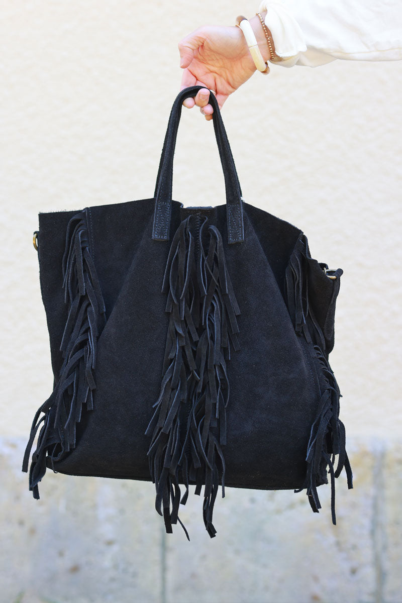 Black suede leather handbag with fringe detail