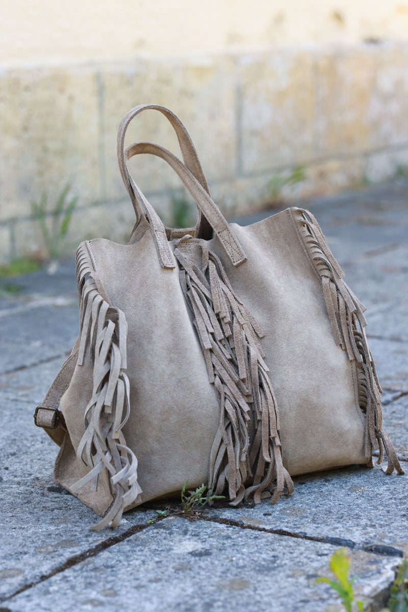 Taupe suede leather handbag with fringe detail