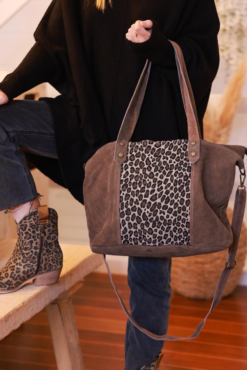 Brown Suede and Leopard Convertible Tote