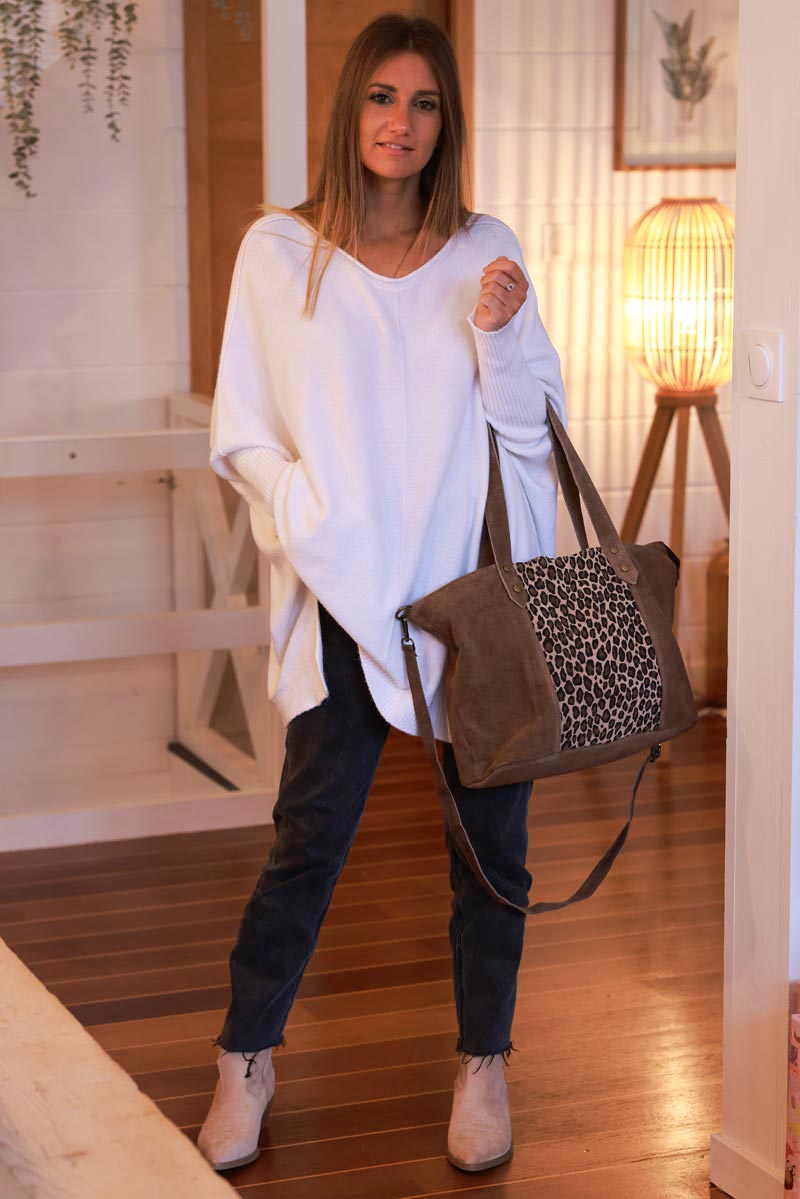 Brown Suede and Leopard Convertible Tote