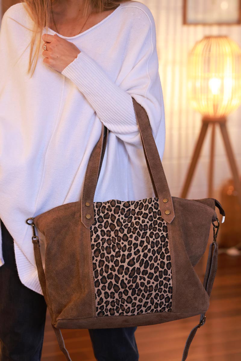 Brown Suede and Leopard Convertible Tote