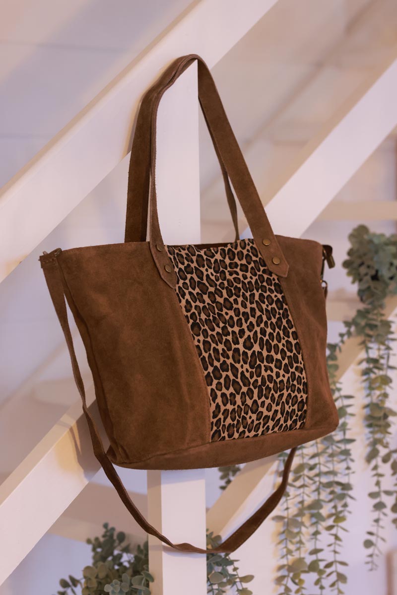 Brown Suede and Leopard Convertible Tote