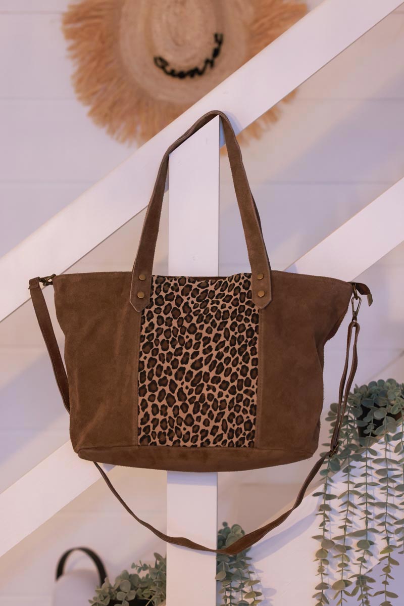 Brown Suede and Leopard Convertible Tote