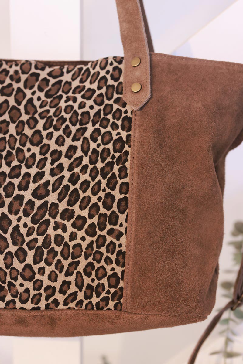 Brown Suede and Leopard Convertible Tote