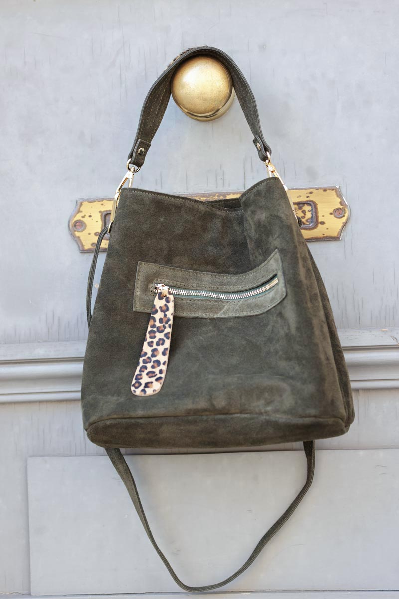 Khaki leather bucket bag with leopard details