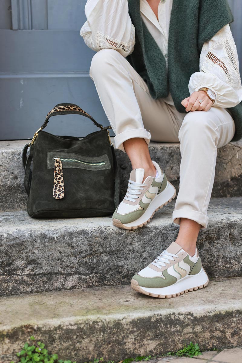 Khaki leather bucket bag with leopard details