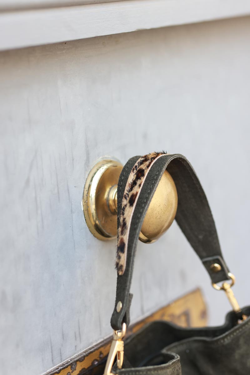 Khaki leather bucket bag with leopard details