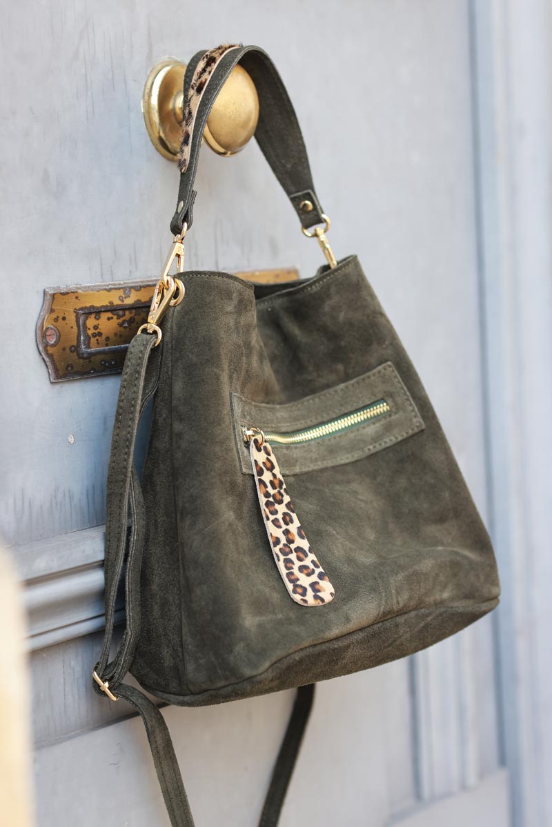 Khaki leather bucket bag with leopard details