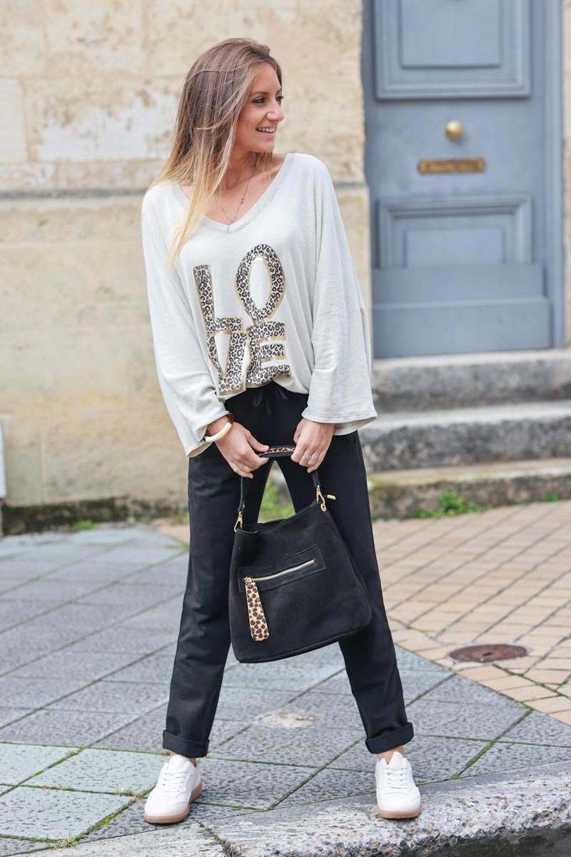 Black leather bucket bag with leopard details