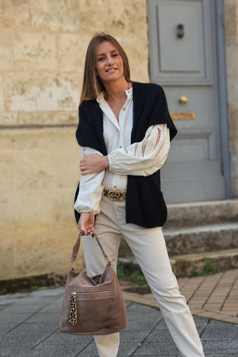 Taupe leather bucket bag with leopard details