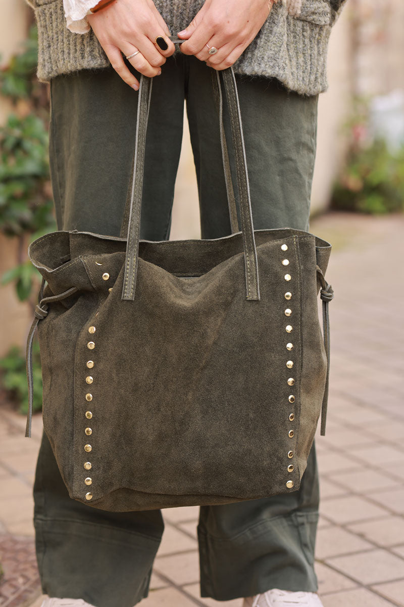 Sac à main kaki en cuir velours souple avec clous