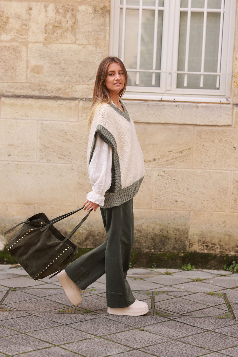 Khaki Suede Studded Tote Bag