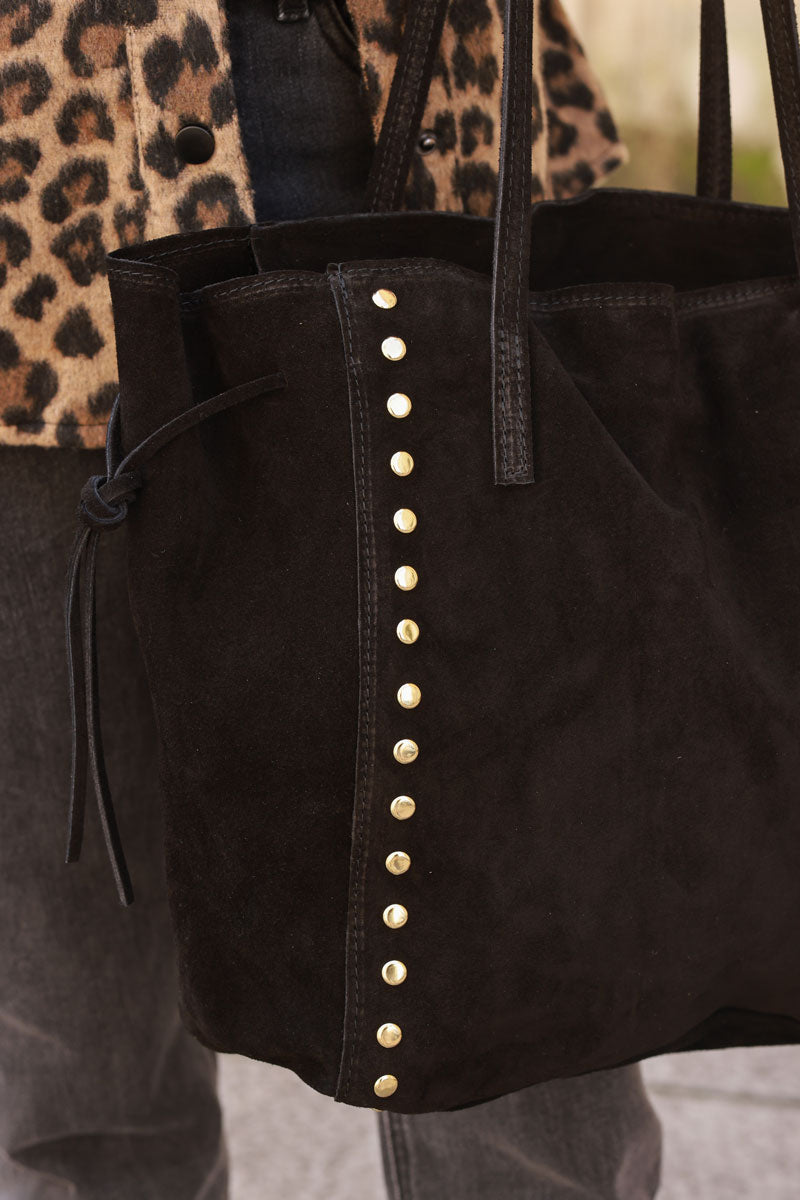 Black Suede Studded Tote Bag