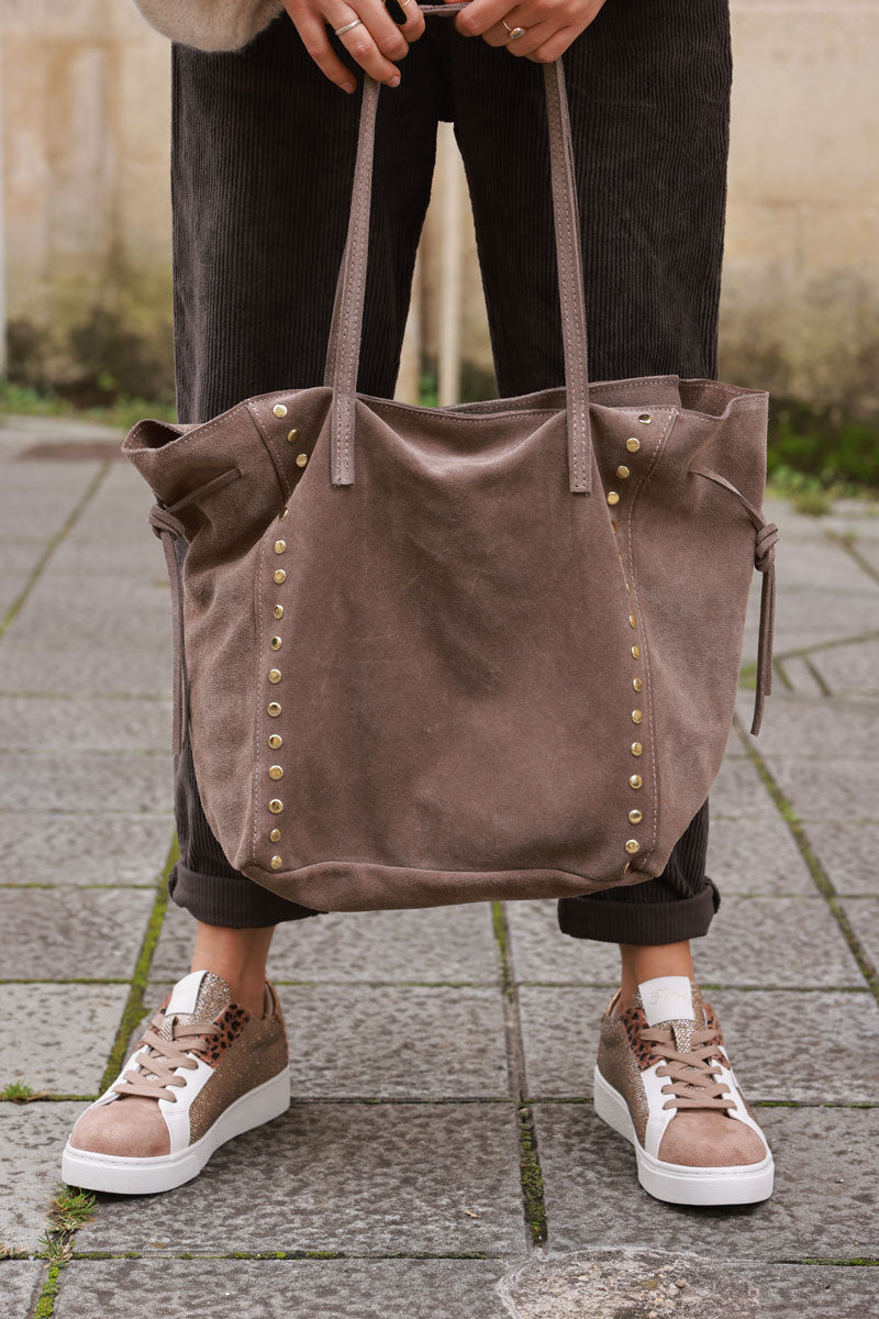 Taupe Suede Studded Tote Bag