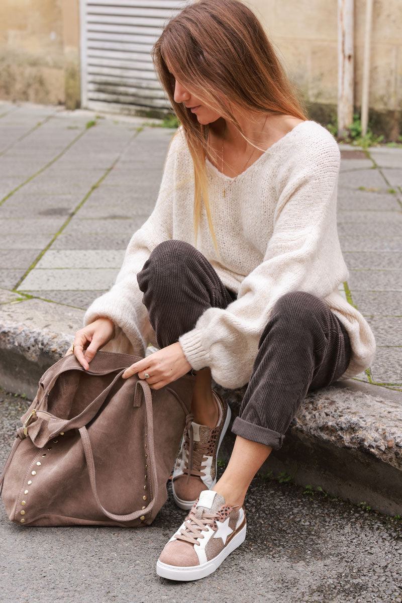 Taupe Suede Studded Tote Bag