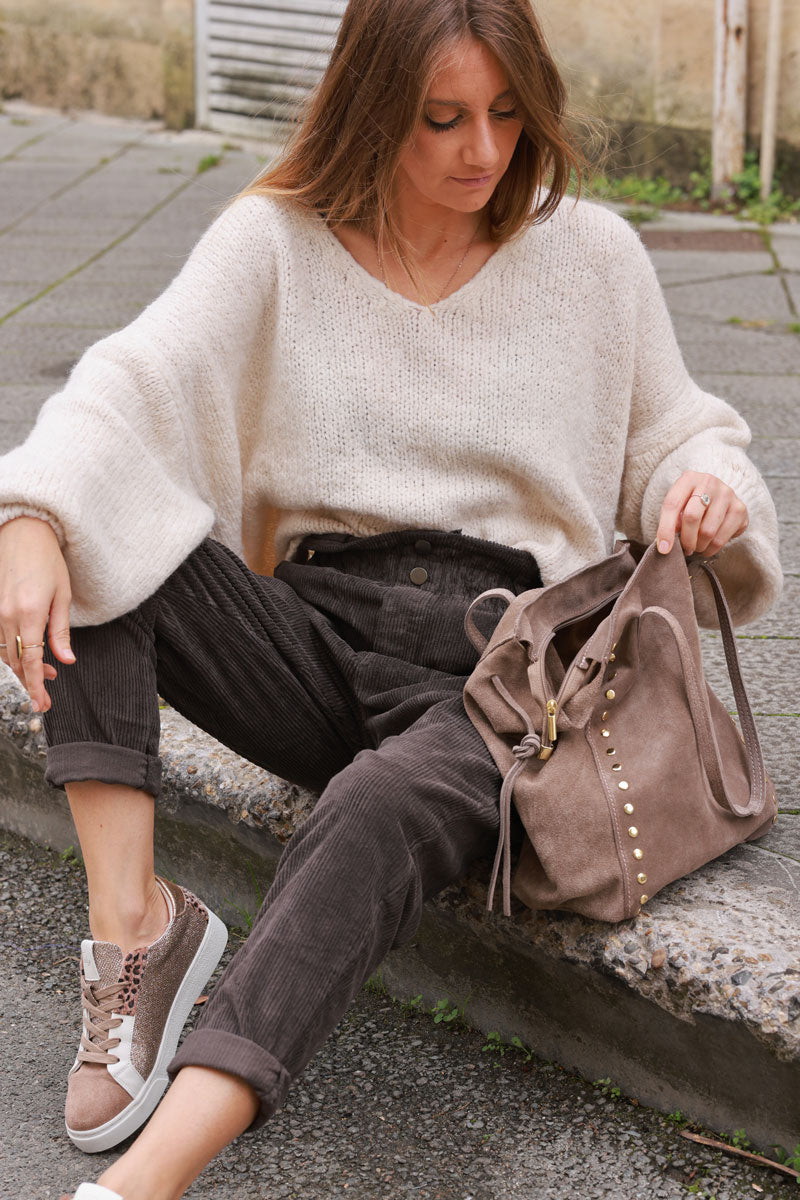 Taupe Suede Studded Tote Bag