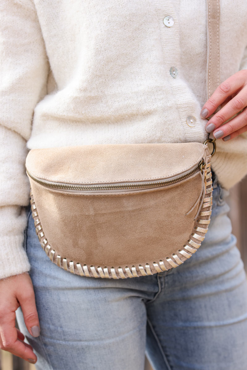 Beige suede leather bum bag fanny pack with metallic stitching
