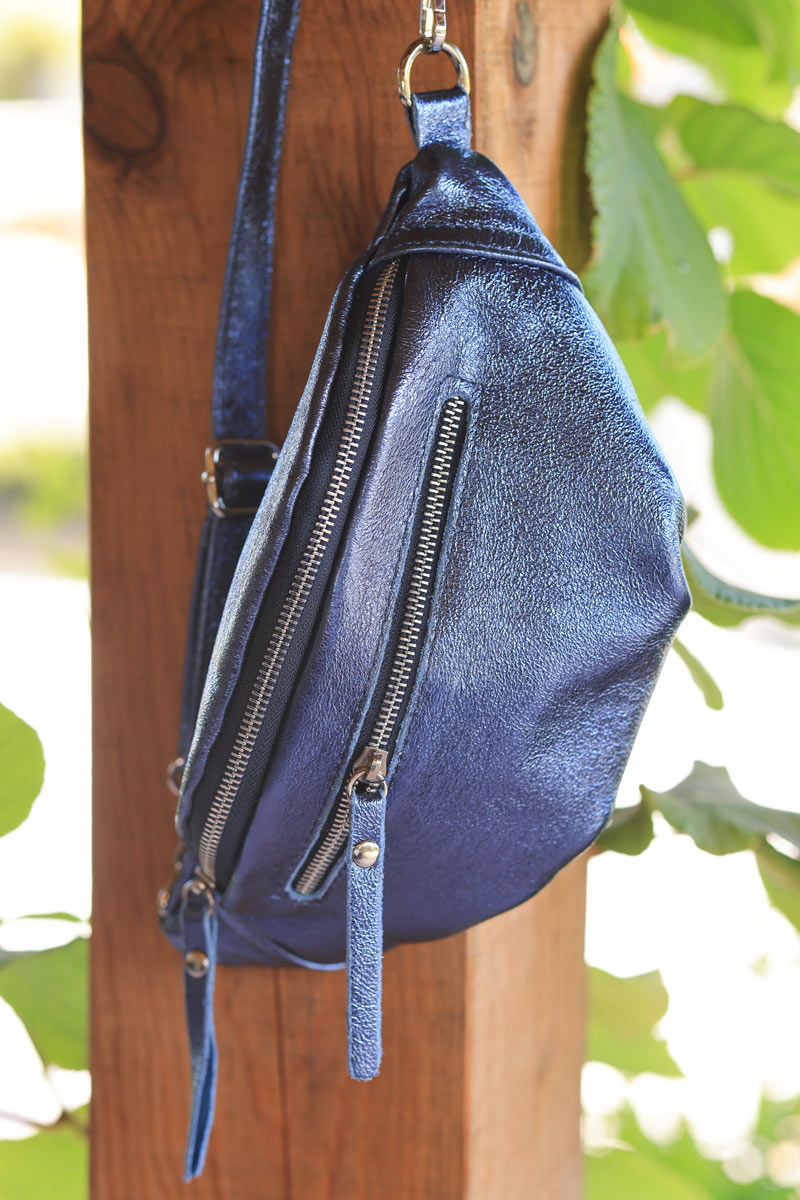 Blue metallic leather double zip bum bag