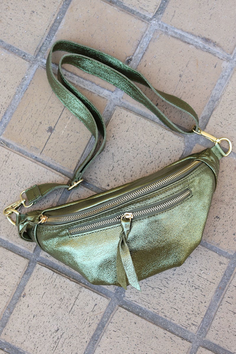 Khaki metallic leather double zip bum bag