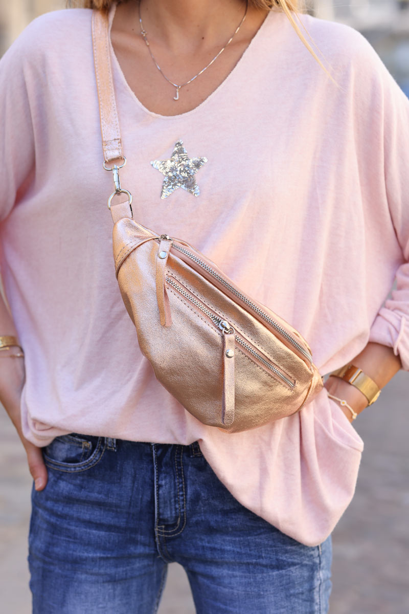 Rose gold metallic leather double zip bum bag