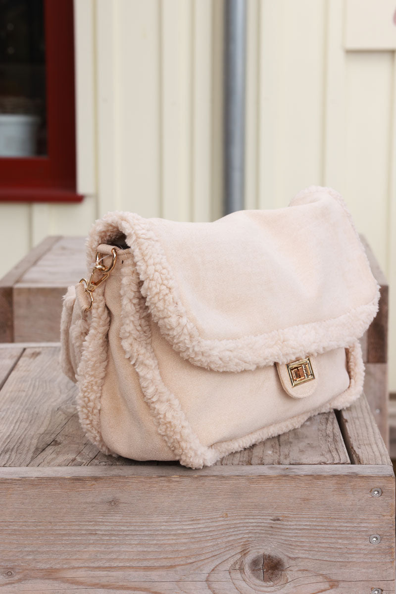 Beige Faux Shearling Messenger Bag