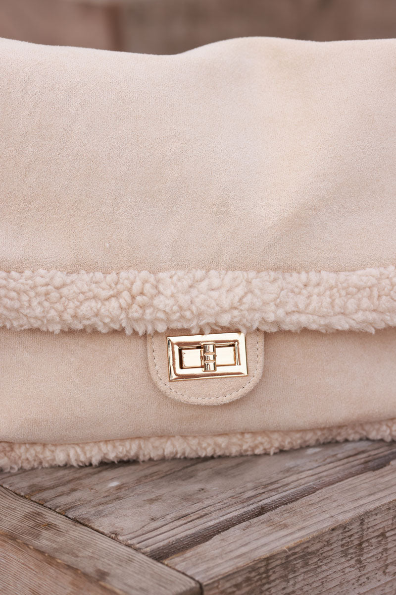 Beige Faux Shearling Messenger Bag