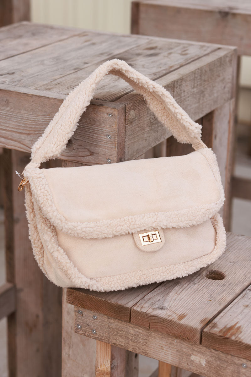 Beige Faux Shearling Messenger Bag