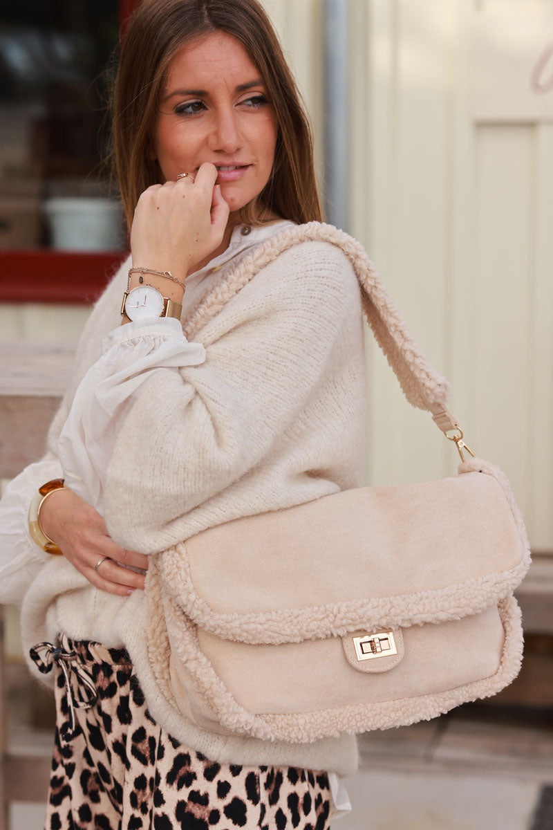 Beige Faux Shearling Messenger Bag