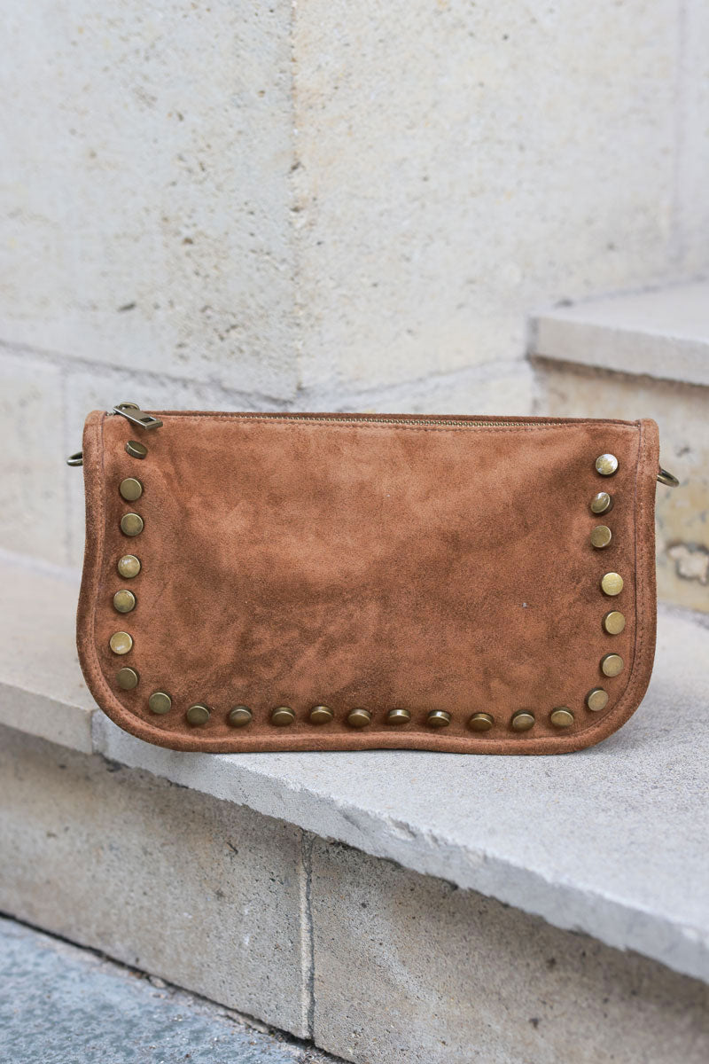 Camel suede leather crossbody bag with studs and zip