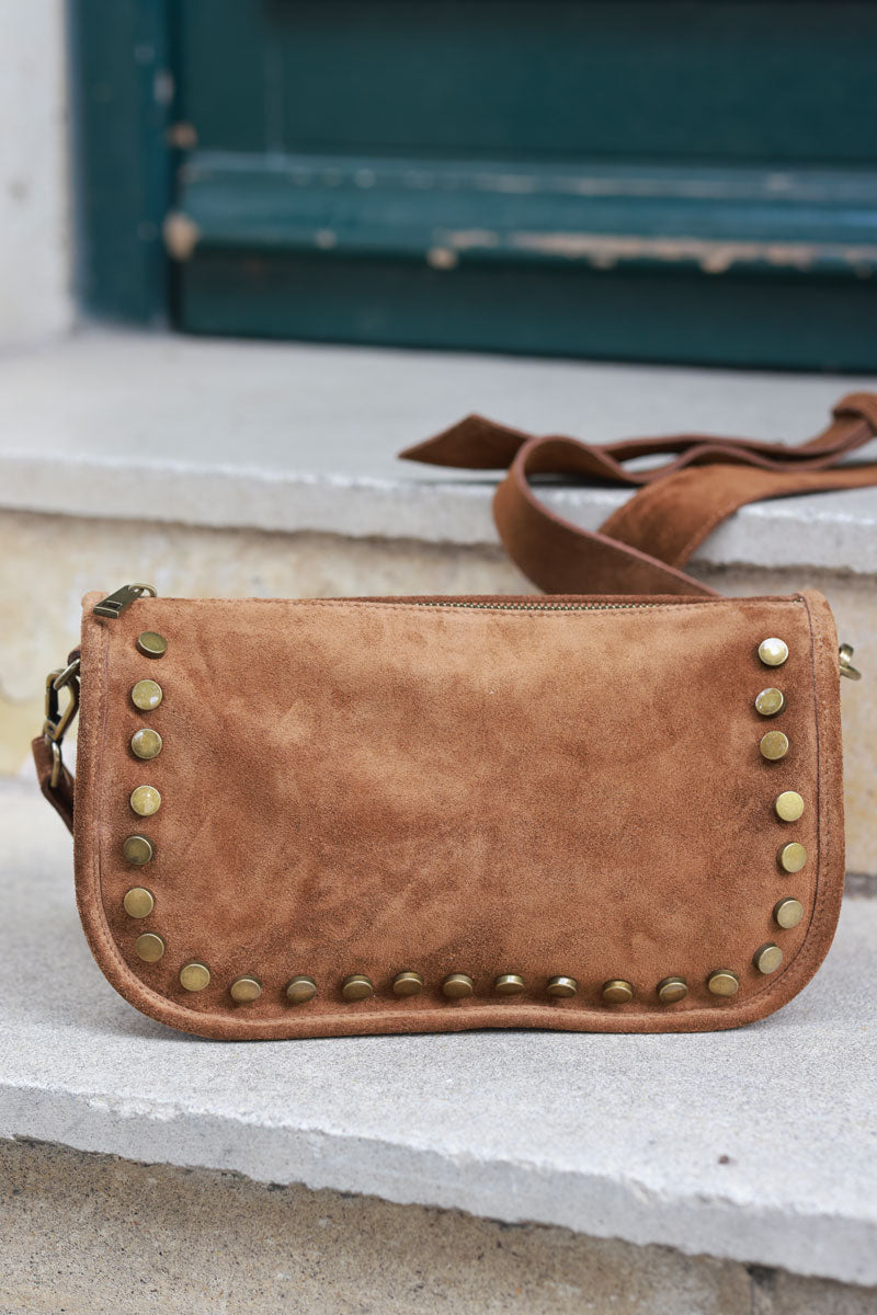 Camel suede leather crossbody bag with studs and zip