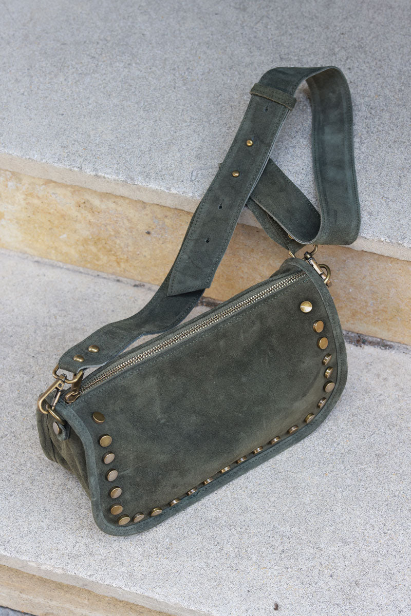 Khaki suede leather crossbody bag with studs and zip