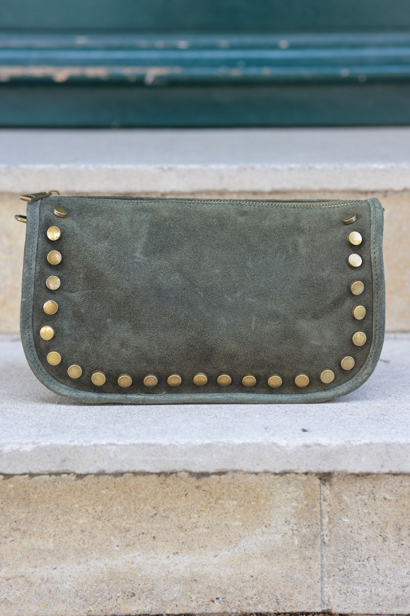 Khaki suede leather crossbody bag with studs and zip