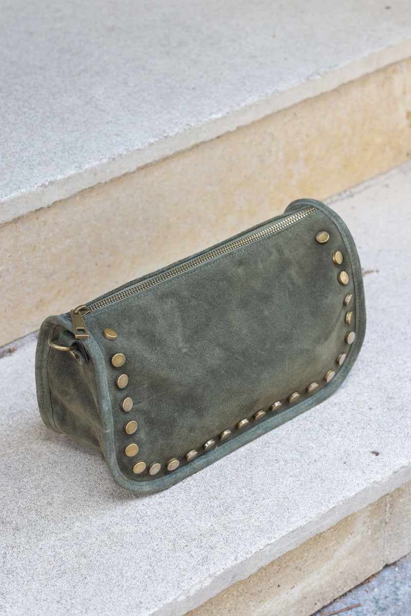 Khaki suede leather crossbody bag with studs and zip