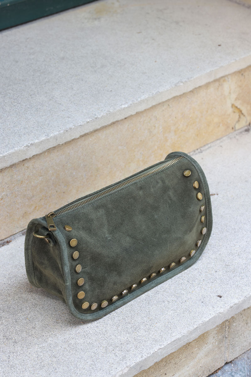 Khaki suede leather crossbody bag with studs and zip