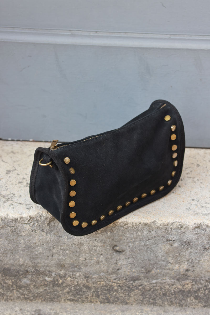 Black suede leather crossbody bag with studs and zip