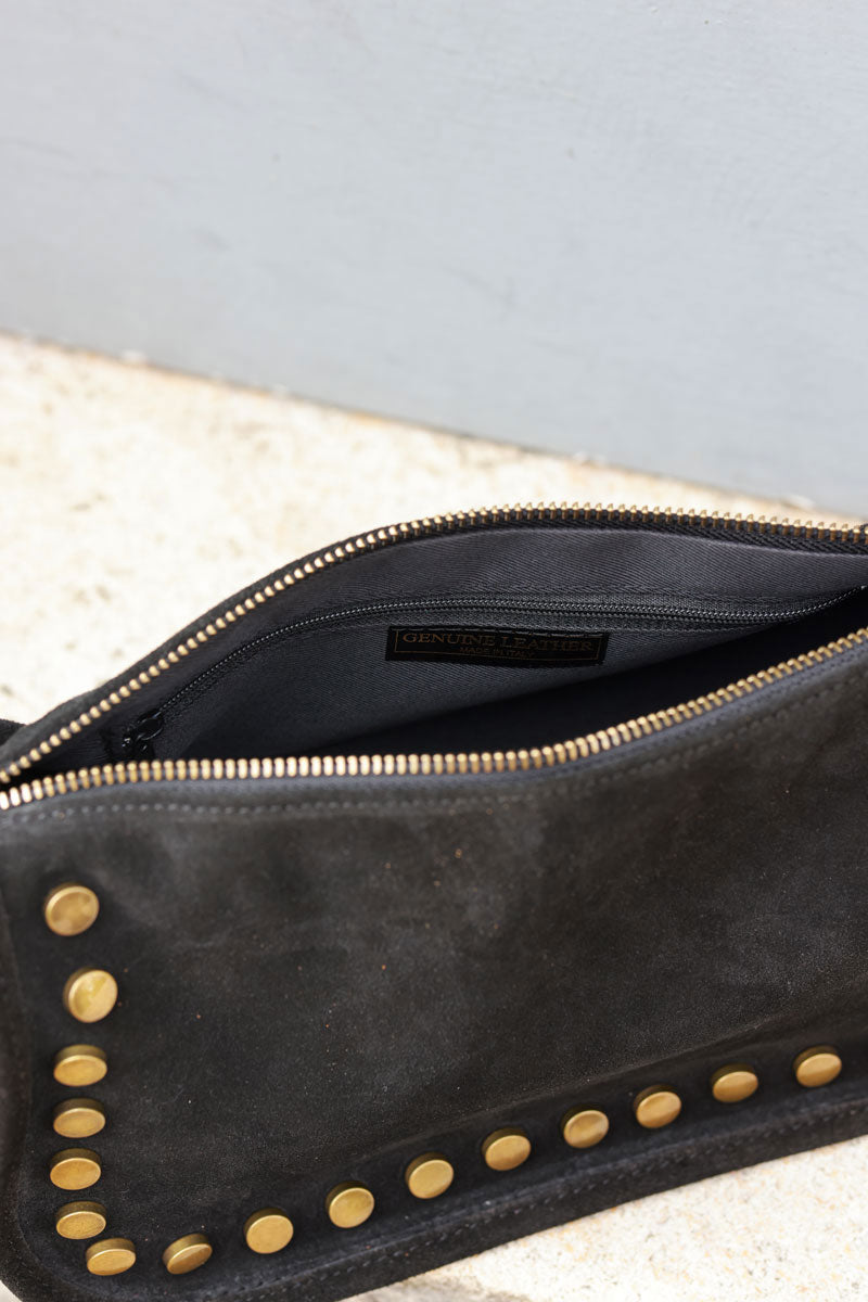 Black suede leather crossbody bag with studs and zip