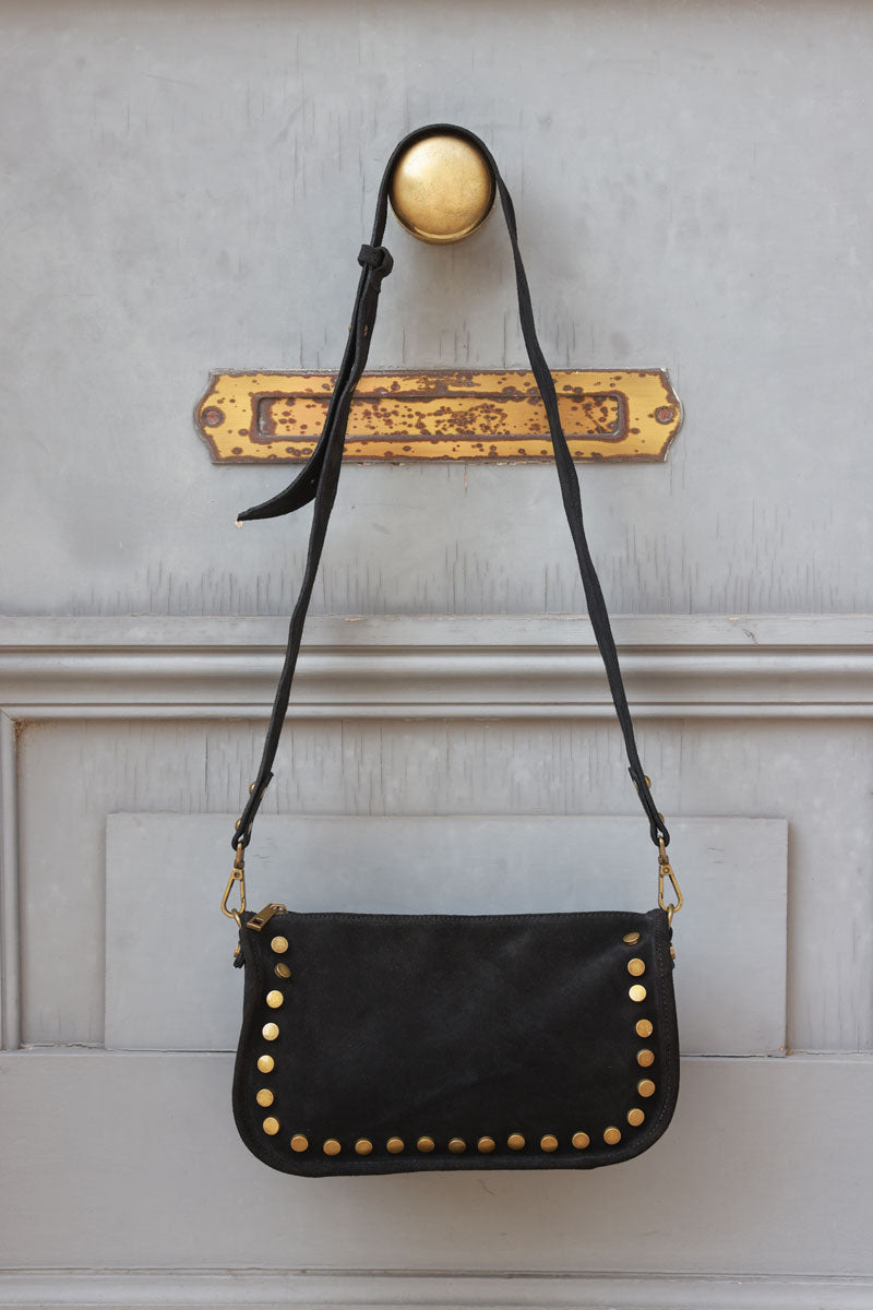 Black suede leather crossbody bag with studs and zip