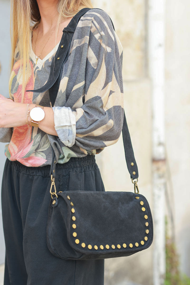 Black suede leather crossbody bag with studs and zip