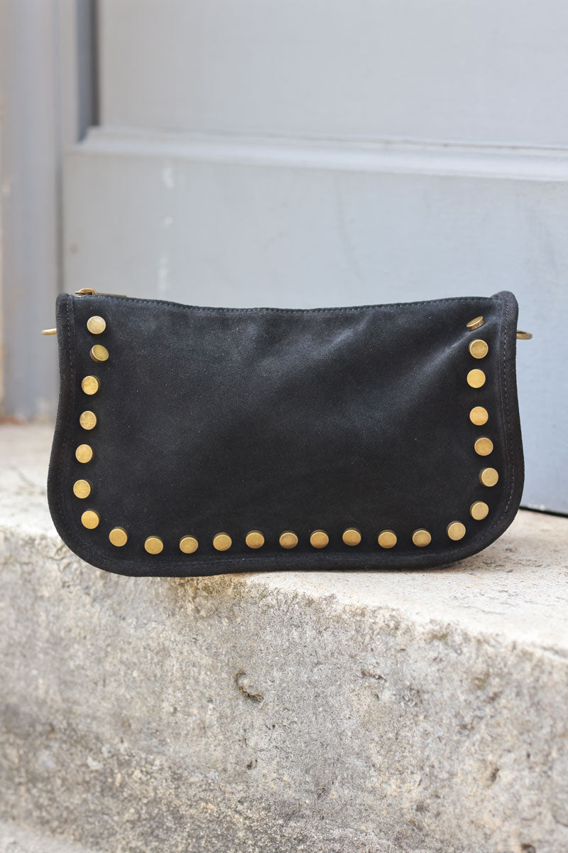 Black suede leather crossbody bag with studs and zip