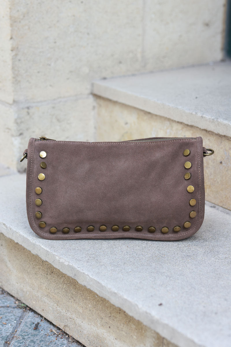 Taupe suede leather crossbody bag with studs and zip