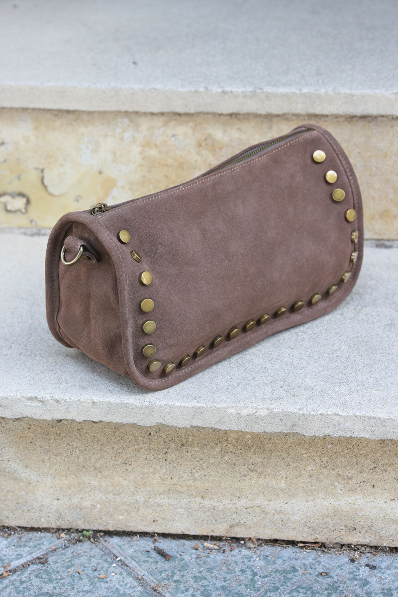 Taupe suede leather crossbody bag with studs and zip