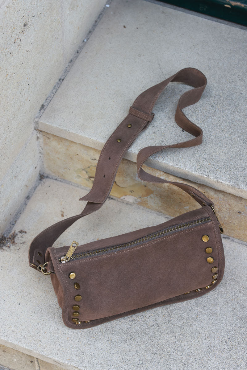 Taupe suede leather crossbody bag with studs and zip